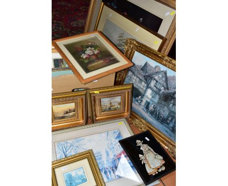 DECORATIVE PAINTINGS AND PRINTS, to include two modern L. Bosman nostalgic Dutch winter scenes, oils on board, sizes approxim