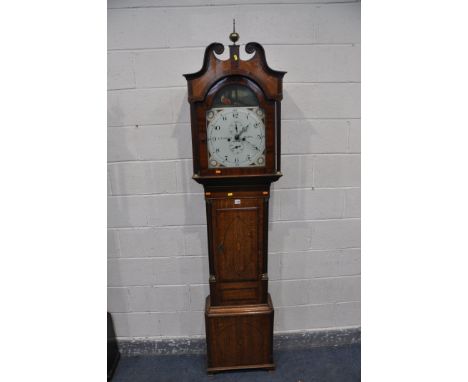 AN EARLY 19TH CENTURY OAK AND MAHOGANY BANDED EIGHT DAY LONG CASE CLOCK, the hood with three brass finials to the broken swan