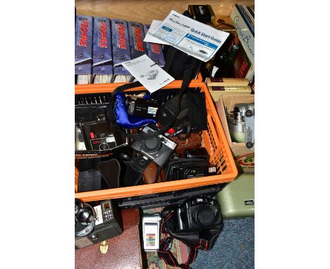 FOUR BOXES OF VINTAGE AND DIGITAL CAMERAS, to include a Prinz Lancer 8mm projector, a Prinz Cavalier 8mm film camera, a Dixon