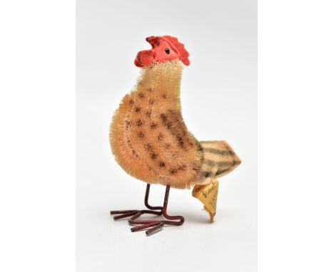 A  POST-WAR STEIFF MOHAIR HEN WITH METAL WIRE LEGS, metal button and yellow tag to tail feathers, tag numbered 1310, height 8