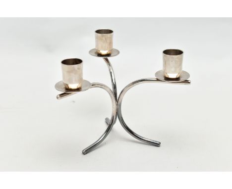 A BERG OF DENMARK SILVER PLATED THREE BRANCH CANDLESTICK, circa 1960's, stamped makers name to the underside of one of the dr
