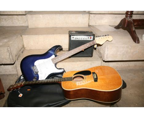 A HOHNER MW-400M ACOUSTIC GUITAR , an unbranded strat type guitar and a GA 15 pracitice amp Condition of all appear to be goo