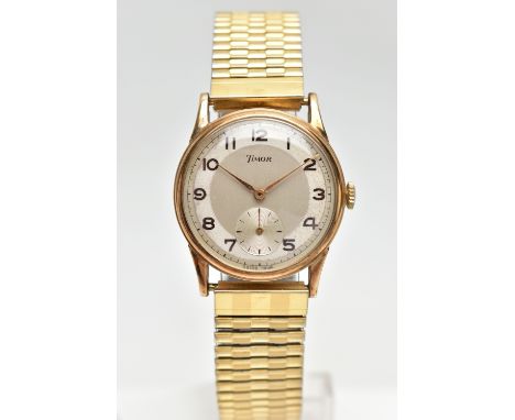 A GENTS 9CT GOLD 'TIMOR' WRISTWATCH, hand wound movement, round silver dial signed 'Timor', Arabic numerals, subsidiary dial 