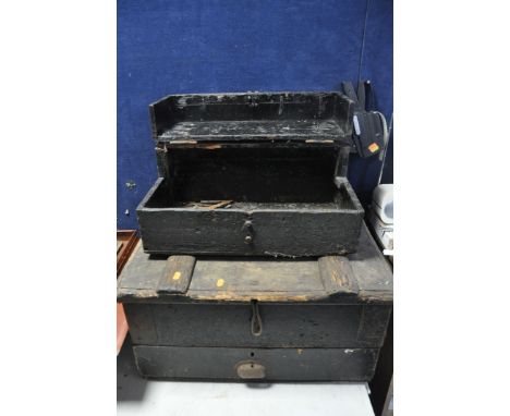 A COLLECTION OF TOOLBOXES WITH SOME TOOLS, to include two wooden bespoke tool chests with hinged tops, a metal Roebuck toolbo