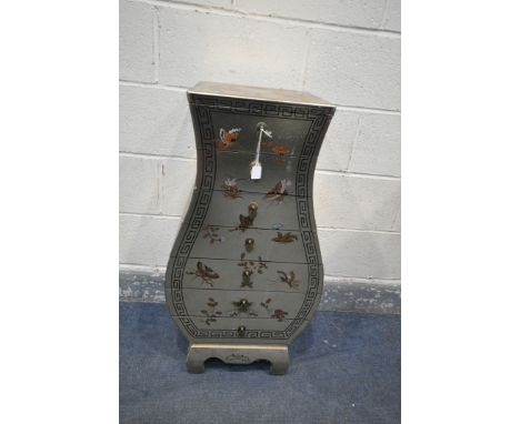 A CHINESE STYLE SILVER FINISH CHEST OF SEVEN DRAWERS, decorated in the chinoiserie taste with foliage and butterflies, width 