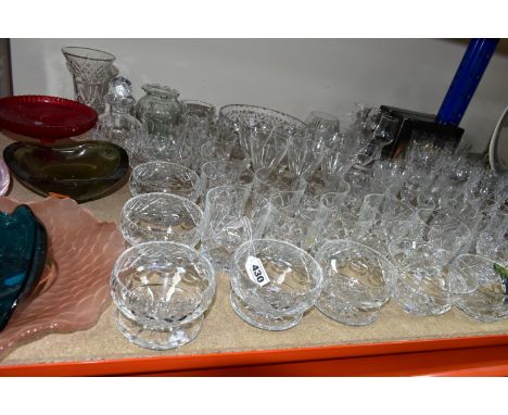 A QUANTITY OF CUT CRYSTAL AND COLOURED GLASSWARE, comprising four boxed avocado dishes designed by Frank Thrower for Dartingt