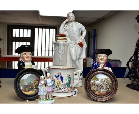 A GROUP OF SEVEN EARLY VICTORIAN CERAMICS, comprising a large Staffordshire figure of Shakespeare c.1870, height 45.5cm (craz