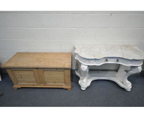 A WHITE PAINTED VICTORIAN MAHOGANY MARBLE TOP WASHSTAND, with a single frieze drawer, length 120cm x depth 53cm x height 76cm