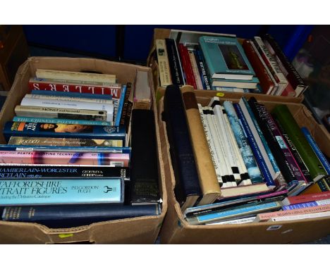 THREE BOXES OF ANTIQUES REFERENCE BOOKS AND OLD AUCTION CATALOGUES FOR SOTHEBYS, CHRISTIES, ETC, approximately eighty five ti