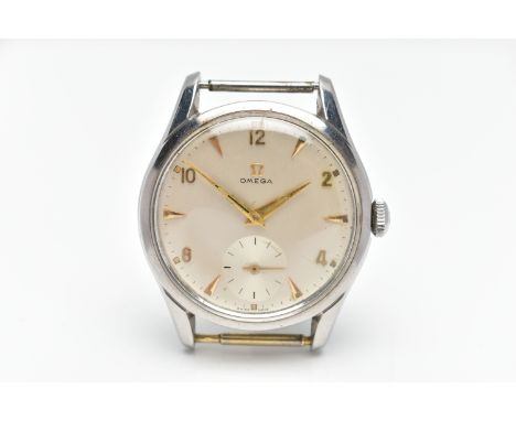 A 1950s VINTAGE OMEGA MANUAL WIND WRISTWATCH, the cream dial with luminescent gold tone hourly applied markers and Arabic num