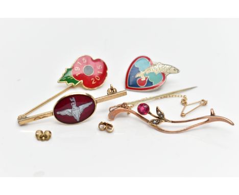 A SELECTION OF YELLOW METAL BROOCHES AND PIN BADGES, to include an Art Nouveau pink tourmaline and seed pearl brooch, stamped