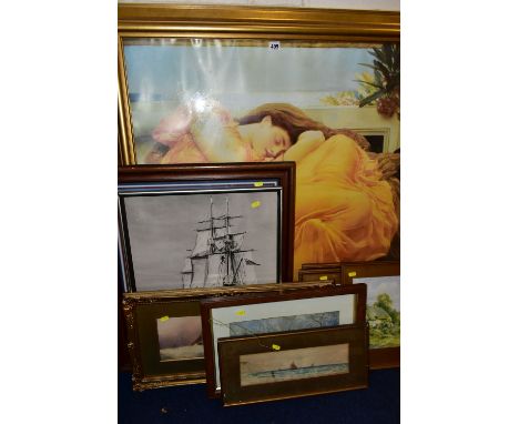 A SMALL QUANTITY WATERCOLOURS AND PRINTS,  comprising an early 20th Century watercolour scene depicting  fishing boats in cho