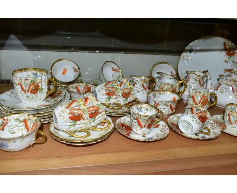 AN AYNSLEY POPPY FORTY NINE PIECE TEA SET, comprising a teapot, a cake plate, a slop bowl, four different sized cream/milk ju