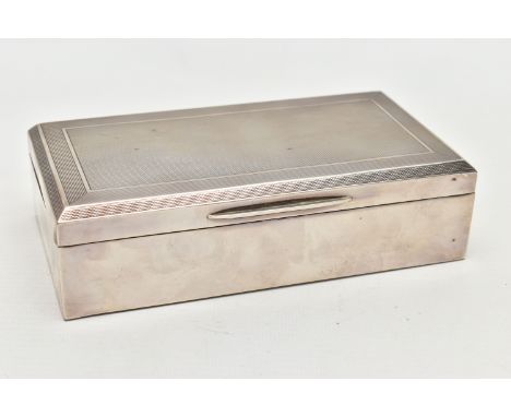 A SILVER LINED CIGARETTE BOX, rectangular box with an engine turned pattern to the hinged lid, polished sides, wooden interio