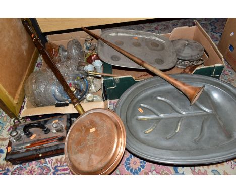 TWO BOXES OF METALWARE, COPPER AND GLASSWARE, to include an early Victorian pewter warming meat dish, with a hollow base to f