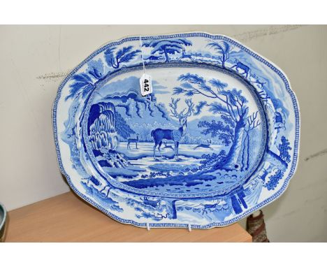 A NINETEENTH CENTURY BEWICK STAG MEAT PLATE, having a central motif of deer in the landscape, surrounded by a frieze of domes