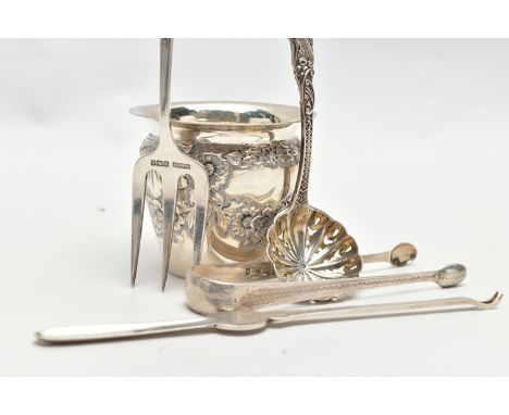 A SELECTION OF SILVER ITEMS, to include an embossed floral desinged pot, hallmarked 'James Deakin &amp; Sons' Chester 1898, a