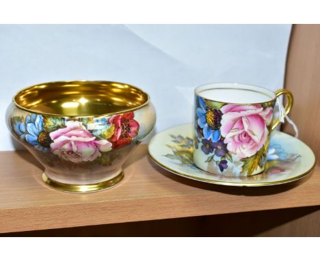 AN AYNSLEY FLORAL DECORATED COFFEE CAN, SAUCER AND SUGAR BOWL BY J. A. BAILEY, the sugar bowl of shouldered conical form with