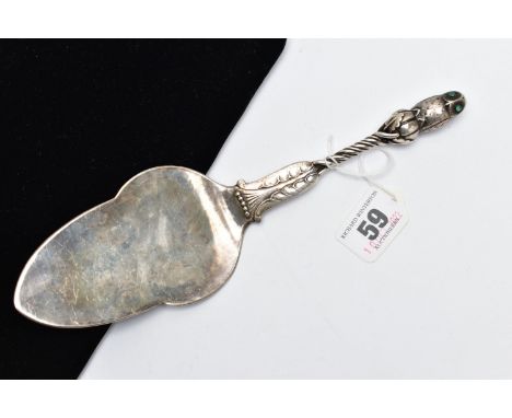 A 'GEORG JENSEN' SILVER CAKE SLICE, twisted handle with floral detailing, displaying an owl to the terminal set with green ca
