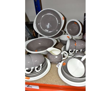 A PART DINNER SET OF WEDGWOOD OF ETRURIA &amp; BARLASTON IN GREY AND WHITE 1950'S STYLE, comprising two serving dishes (one c