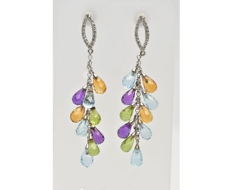 A PAIR OF WHITE METAL MULTI GEMSTONE SET DROP EARRINGS, each earring designed with an openwork lozenge shape stud, stamped 75