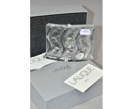 A BOXED MODERN LALIQUE 'CLOCK HULOTTE', the curved glass case moulded with owls, the quartz movement loose, etched 'Lalique R
