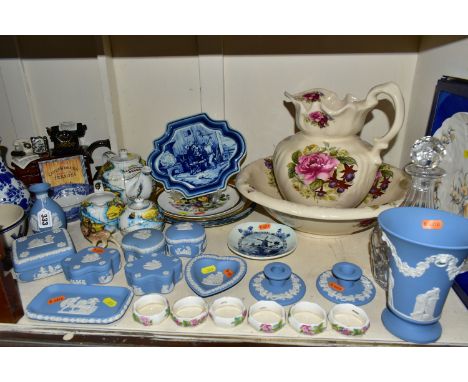 A GROUP OF CERAMICS AND GLASS WARES, to include a Webb Corbett cut crystal decanter, a boxed Aynsley Just Orchids plate and k