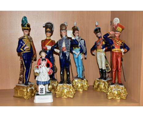 SIX CAPODIMONTE BRUNO MERLI FIGURES OF SOLDIERS IN HISTORICAL COSTUME OF 1798-1844 AND A GOEBEL MILITARY FIGURE, soldiers mod