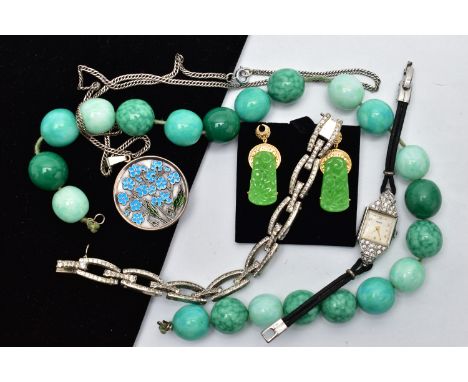 AN ASSORTMENT OF WHITE METAL AND BEADED JEWELLERY, to include a ladies 'Rotary' wristwatch, the square shape white dial, with