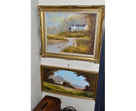 LES PARSON (BRITISH CONTEMPORARY) A NOSTALGIC SCENE OF CHILDREN WITH  A POND YACHT ON A RIVER,  signed bottom right, oil on c