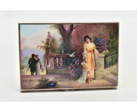 A WHITE METAL ENAMEL DECORATED BOX, of a rectangular form, displaying a romantic scene of a lady on a staircase carrying a ba
