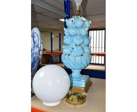 A LARGE BONDIA CERAMICS TABLE LAMP, made by Bondia Ceramics- Spain, a pale blue fruit bowl with a tower of pomegranates on a 