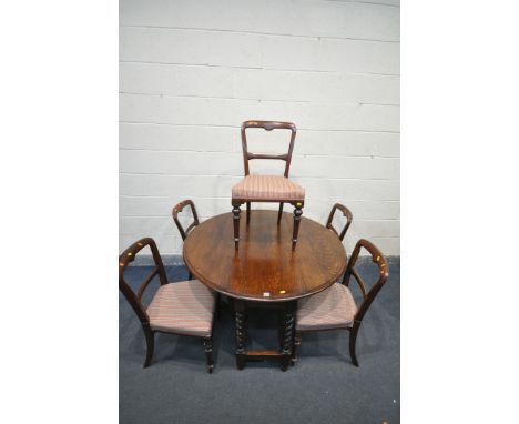 A GEORGIAN OAK BARLEY TWIST GATE LEG TABLE, diameter 122cm x closed width 47cm x height 74cm, along with a set of five mahoga