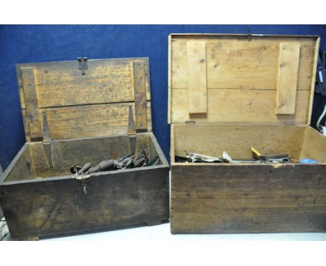 TWO WOODEN TOOLCHESTS CONTAINING VINTAGE TOOLS to include files, marking tools, saws, saw blades, hand drills, hammers etc