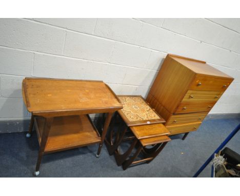 A G PLAN TILE TOP NEST OF THREE TABLES, largest table, 50cm cubed, a mid-century tea trolley, and a chest of five drawers (co