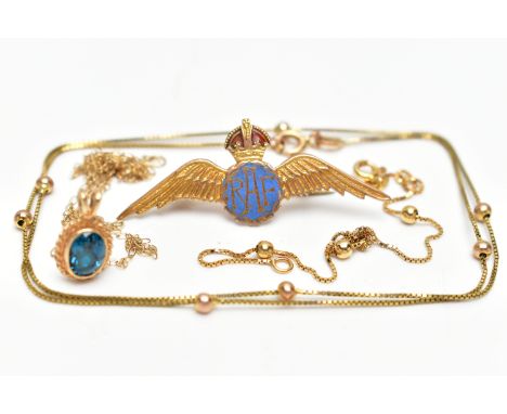 AN R.A.F BROOCH, PENDANT NECKLACE AND A CHAIN WITH MATCHING BRACELET, the yellow metal brooch displaying R.A.F within a light
