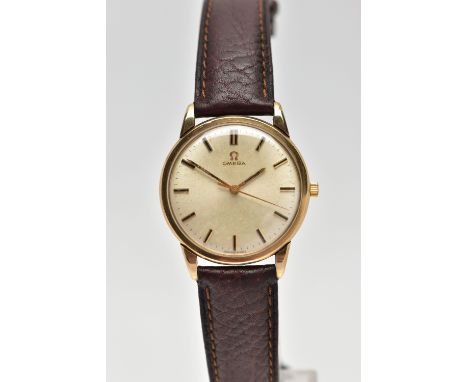 A GENTS 1960'S, 9CT GOLD 'OMEGA' WRISTWATCH, manual wind, round champagne dial signed 'Omega', baton markers, gold tone hands