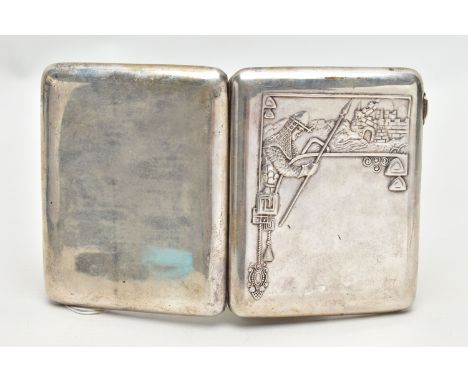 A RUSSIAN SILVER CIGARETTE CASE, of a rounded rectangular form, embossed soldier and castle design to the front, AF push piec