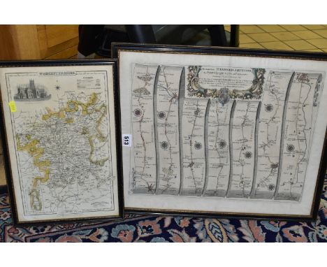 JOHN OGILBY STRIP ROAD MAP 'HEREFORD TO LEICESTER', from the Britannia edition first published 1675, hand coloured,  numbered