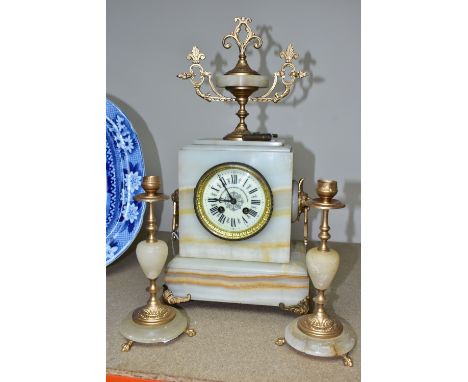 A LATE 19TH CENTURY FRENCH MARBLE CLOCK GARNITURE with  key, a cream enamel dial marked Comptoir General H. Rionet - 9 Bd Poi