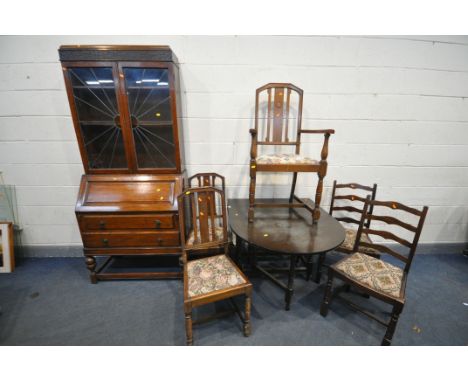 A 20TH CENTURY OAK GATE LEG DINING TABLE, open length 150cm x closed length 49cm x depth 88cm x height 74cm, along with a set