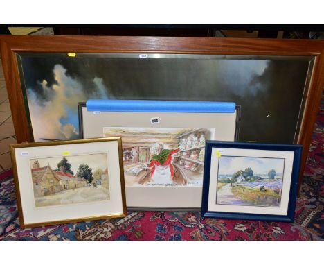 FIVE DECORATIVE PAINTINGS AND PRINTS, comprising a Peter Rush pen and watercolour wash illustration, produced for the Yorkshi