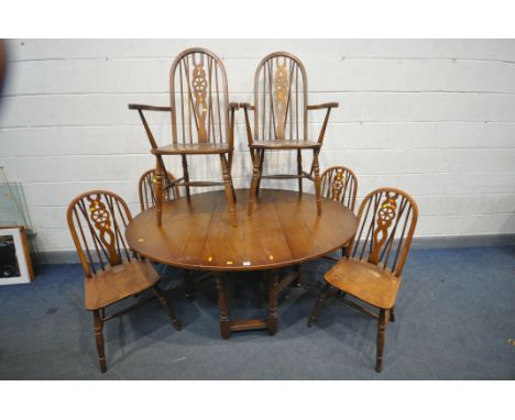 AN OLD CHARM OAK OVAL GATE LEG TABLE, open length 153cm x closed length 48cm x depth 114cm x height 74cm, along with a set of