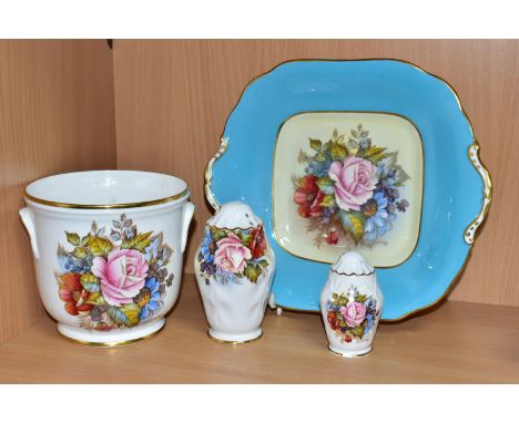 FOUR PIECES OF AYNSLEY FLORAL DECORATED CERAMICS BY J. A. BAILEY, comprising a jardiniere approximate height 12.5cm x diamete