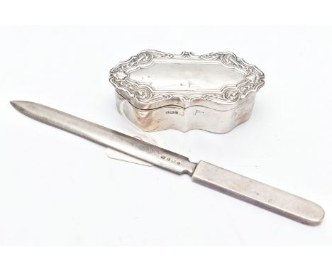 A SILVER LETTER OPENER AND A SILVER BOX, the letter opener, hallmarked 'Albert Edward Jones' Birmingham 1994, length 202mm, t