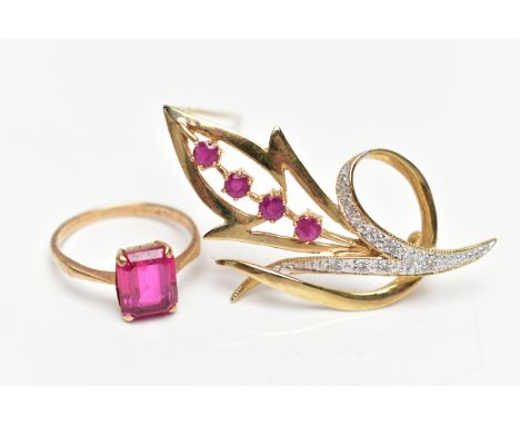 TWO ITEMS OF JEWELLERY, to include a 9ct gold synthetic ruby and diamond floral brooch, hallmarked Sheffield, approximate len