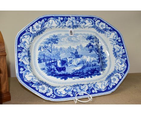A LATE 19TH CENTURY LARGE BLUE AND WHITE J&amp;W.R MEAT PLATE, marked on the back as 'Rural Scenery', decorated with a farmer