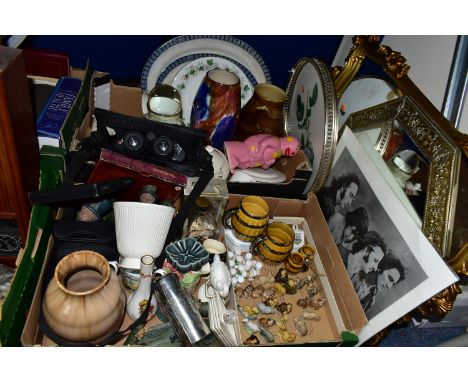 TWO BOXES OF CERAMICS AND ASSORTED SUNDRIES, to include a pair of Prisma Zoom binoculars, two gilt framed mirrors, a boxed se