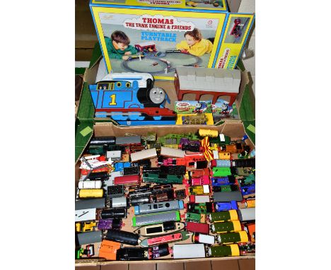 THOMAS THE TANK ENGINE, two boxes containing a collection of Thomas The Tank Engine diecast models, a turntable play track, a