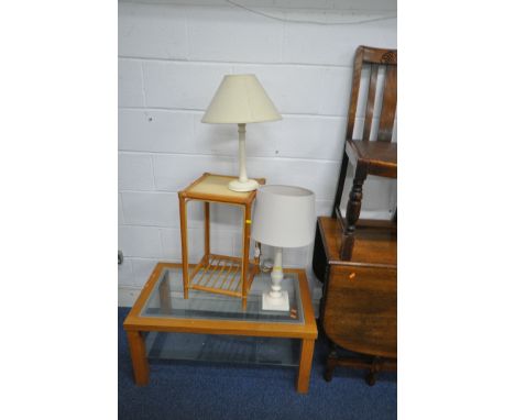 A 20TH CENTURY OAK GATE LEG TABLE, open length 146cm x closed length, 50cm x depth 107cm x height 78cm, along with a pair of 